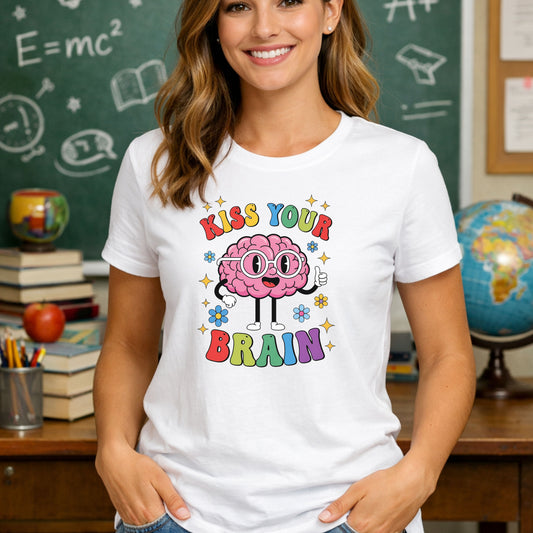 Kiss Your Brain Shirt – Funny Teacher T-Shirt – Cute Brain Graphic Tee – Nerdy School Shirt – STEM Gift for Teacher or Student