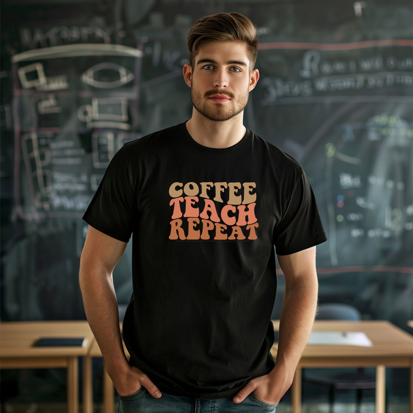 Coffee Teach Repeat Retro Shirt | Vintage Teacher T-Shirt | Cute Back To School Teacher Tee | Coffee Lover Educator Gift