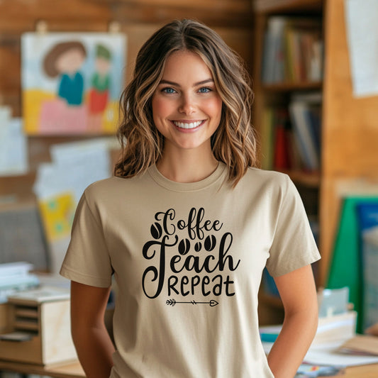 Coffee Teach Repeat Shirt | Funny Teacher T-Shirt | Teacher Life Tee | Coffee Lover Teacher Gift | Back To School Shirt
