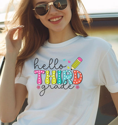Hello Third Grade T-Shirt - Cute Back-to-School Tee with Colorful Pencil Design - Teacher Team Tee