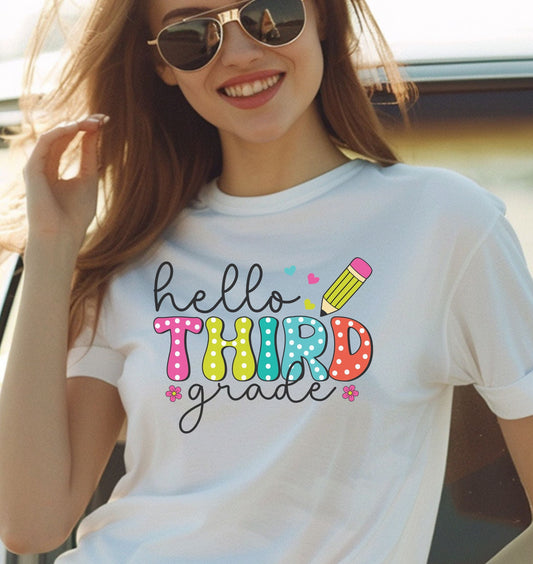 Hello Third Grade T-Shirt - Cute Back-to-School Tee with Colorful Pencil Design - Teacher Team Tee