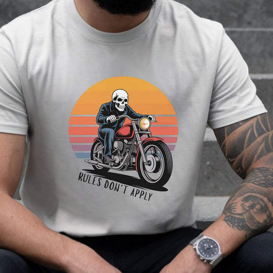 Skeleton Biker T-Shirt – “Rules Don’t Apply” Motorcycle Graphic Tee Vintage Style
