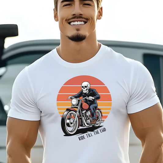 Motorcycle Rider Tee — Retro Sunset Biker Graphic "Ride Fast, Live Free" - Skeleton Biker T-Shirt