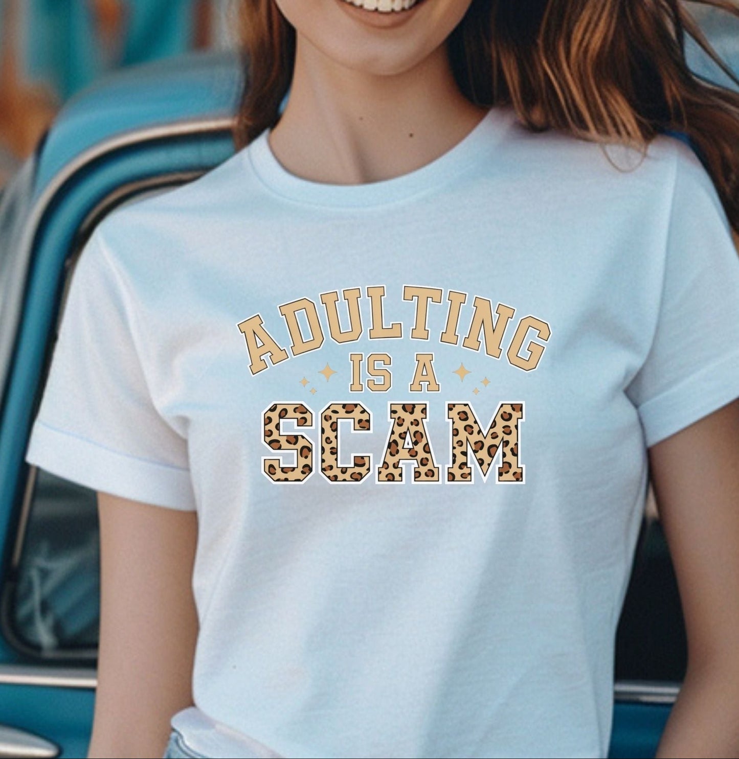 Adulting Is a Scam T-Shirt — Funny Retro Leopard Print Graphic Tee - Sarcastic Humor Shirt, Trendy Casual Tee