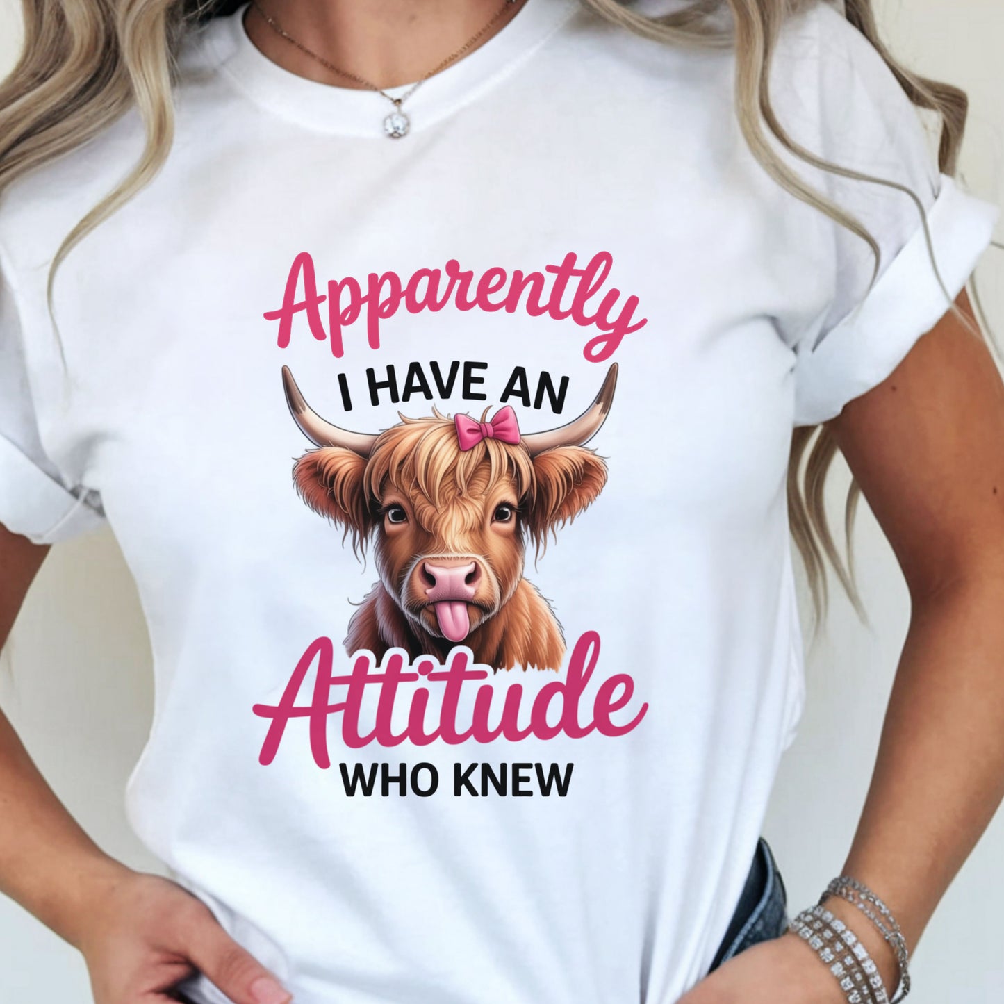 Funny Cow Shirt – “Apparently I Have An Attitude Who Knew” – Cute Highland Cow Tee – Sassy Cowgirl Graphic Shirt