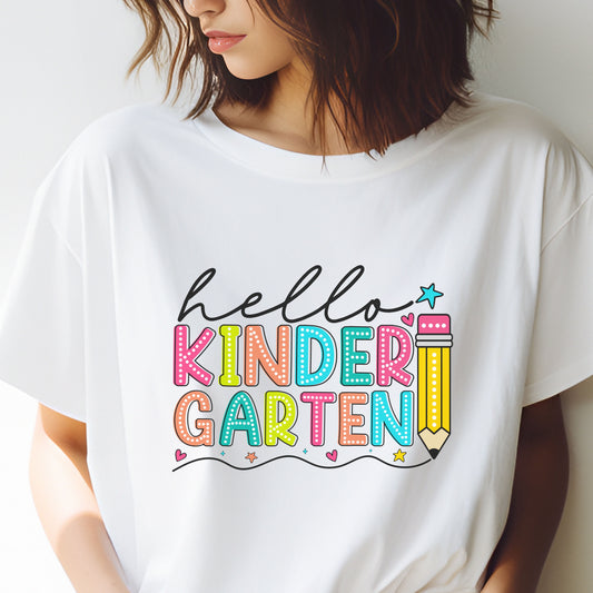 Hello Kindergarten Pencil T-Shirt — Colorful Back-to-School Cute School Spirit Tee