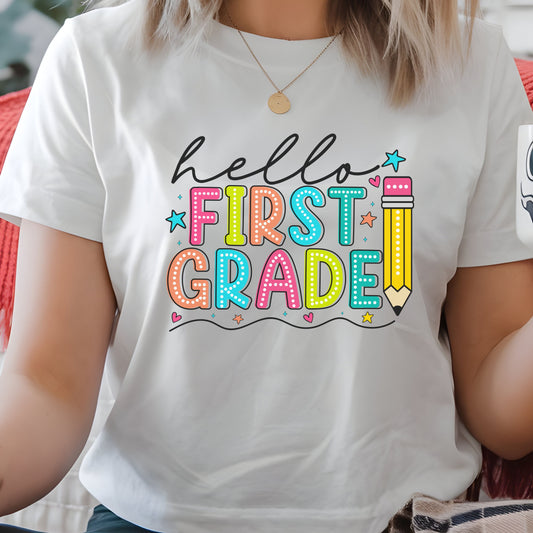 Hello First Grade Pencil T-Shirt — Colorful Back-to-School Cute School Spirit Tee