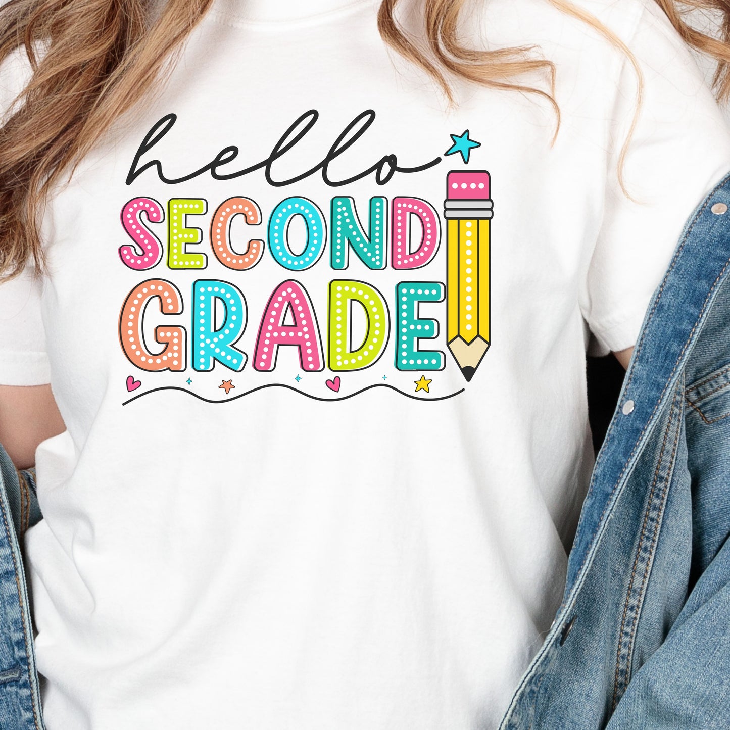 Hello Second Grade Pencil T-Shirt — Colorful Back-to-School Cute School Spirit Tee