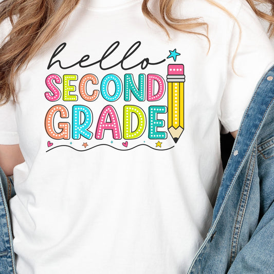 Hello Second Grade Pencil T-Shirt — Colorful Back-to-School Cute School Spirit Tee