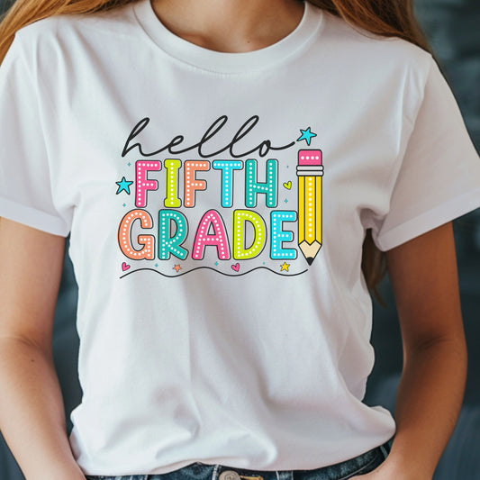 Hello Fifth Grade Pencil T-Shirt — Colorful Back-to-School Cute School Spirit Tee