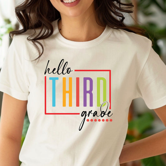 Hello Grade Teacher Shirts | Retro Back to School Graphic Tees | Preschool, Pre-K, Kindergarten, First, Second & Third Grade Teacher Shirt | Gildan 64000 Softstyle Tee