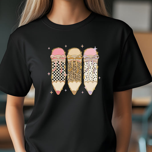 Coquette Pencil Teacher Shirt | Bow Pencil Teacher T-Shirt | Pink Leopard Checkered School Shirt