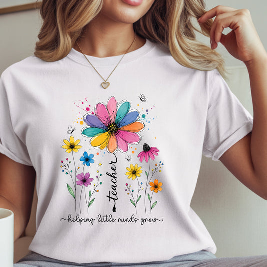Helping Little Minds Grow Teacher Shirt | Floral Teacher Tee | Colorful Wildflower Teacher Shirt
