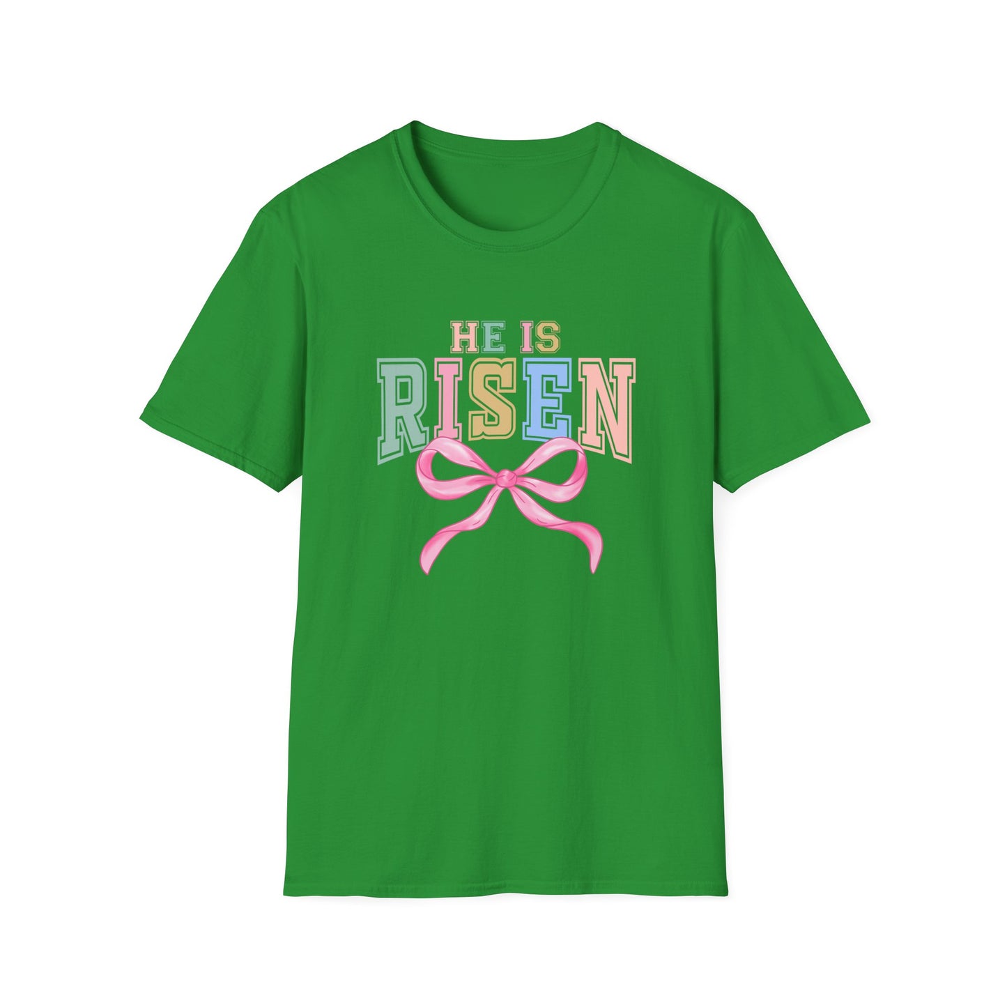 He Is Risen Easter Shirt, Christian Easter Bow Tee, Faith Based Easter Shirt Women, Religious Easter Outfit, Coquette Pastel Christian Graphic T-Shirt