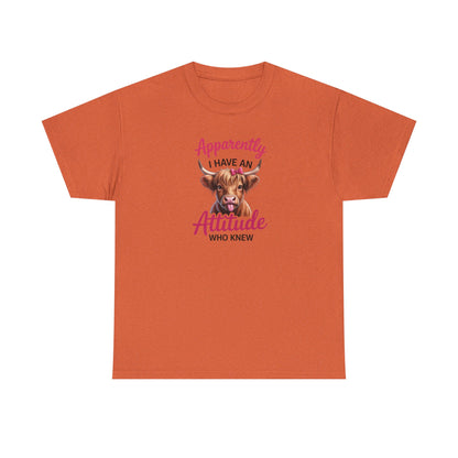 Funny Cow Shirt – “Apparently I Have An Attitude Who Knew” – Cute Highland Cow Tee – Sassy Cowgirl Graphic Shirt