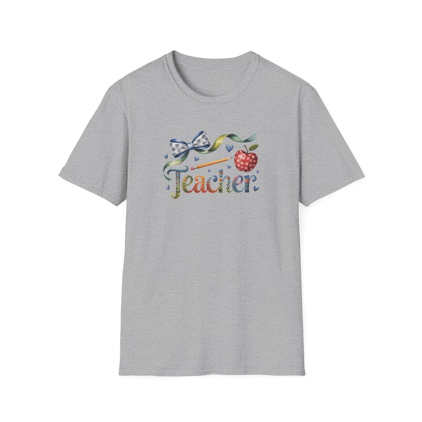 Teacher Floral Bow T-Shirt — Cute Apple & Script Teacher Shirt for Educators