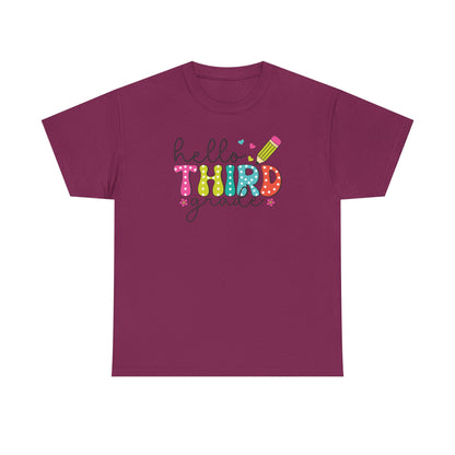 Hello Third Grade T-Shirt - Cute Back-to-School Tee with Colorful Pencil Design - Teacher Team Tee