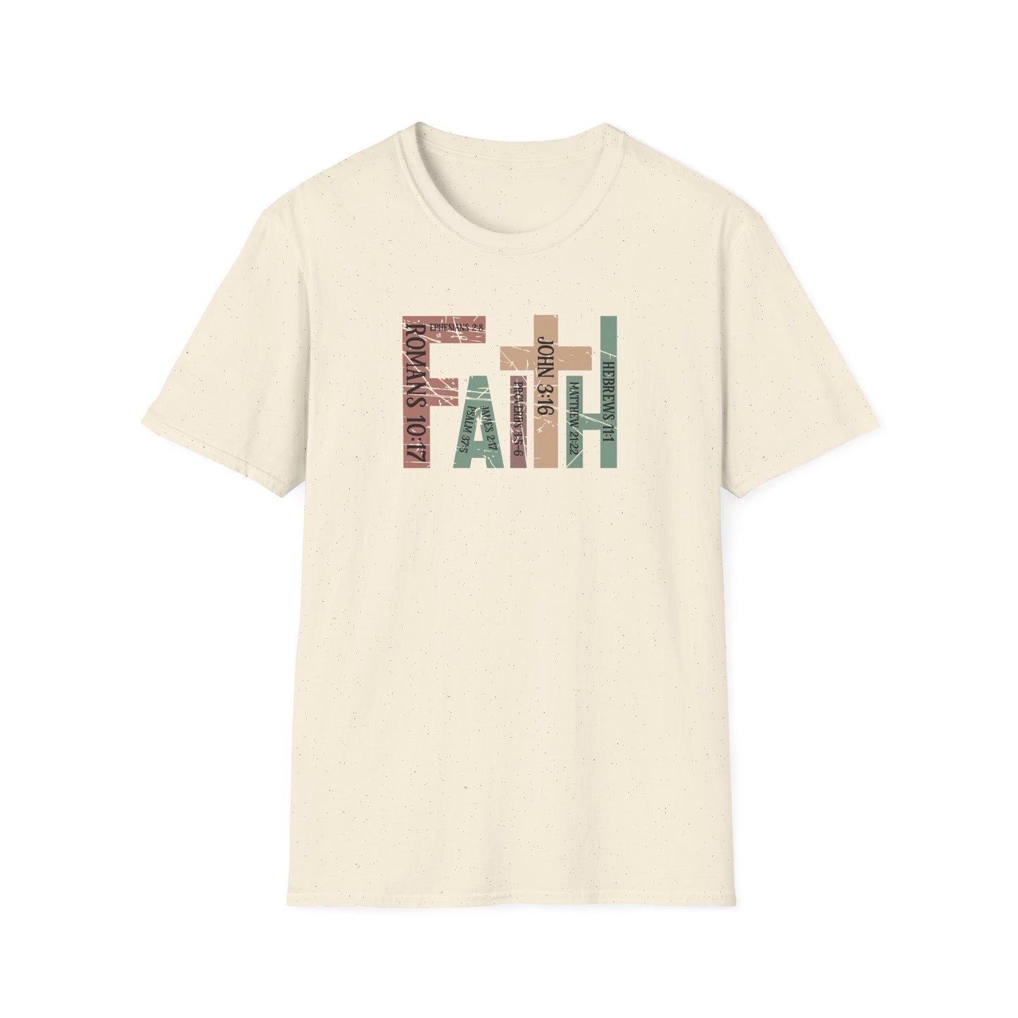 Faith Graphic T-Shirt — "Faith" with Cross & Bible Verse (Romans 10:17 / John 3:16)
