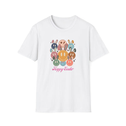Happy Easter Smiley Face Shirt, Cute Bunny Smile Graphic Tee, Pastel Retro Easter Shirt Women, Spring Aesthetic Easter Outfit, Kawaii Bunny Graphic T-Shirt