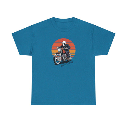 Motorcycle Rider Tee — Retro Sunset Biker Graphic "Ride Fast, Live Free" - Skeleton Biker T-Shirt