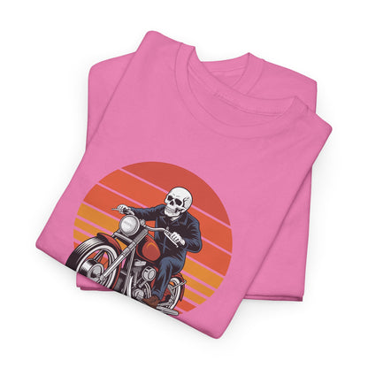 Motorcycle Rider Tee — Retro Sunset Biker Graphic "Ride Fast, Live Free" - Skeleton Biker T-Shirt