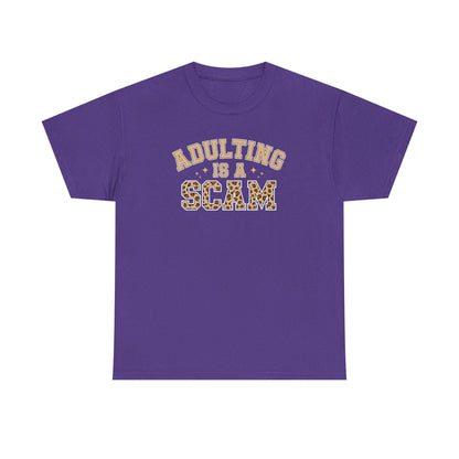 Adulting Is a Scam T-Shirt — Funny Retro Leopard Print Graphic Tee - Sarcastic Humor Shirt, Trendy Casual Tee