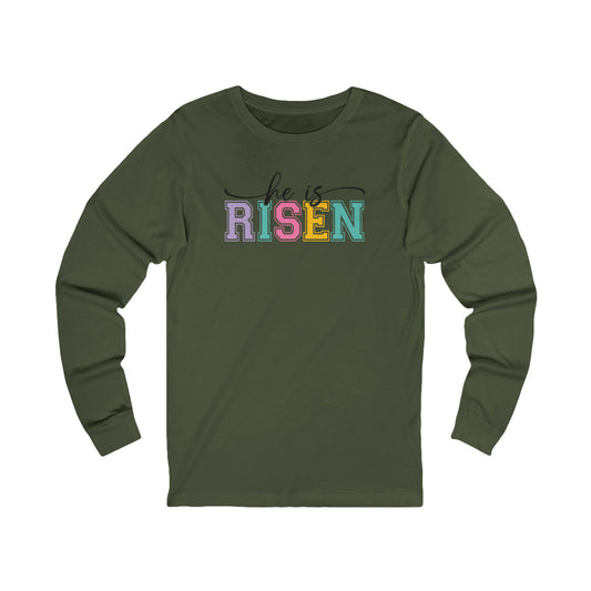 He Is Risen Christian Sweatshirt – Faith Based Easter Crewneck, Front & Back Religious Graphic Sweatshirt, Pastel Resurrection Church Pullover for Women