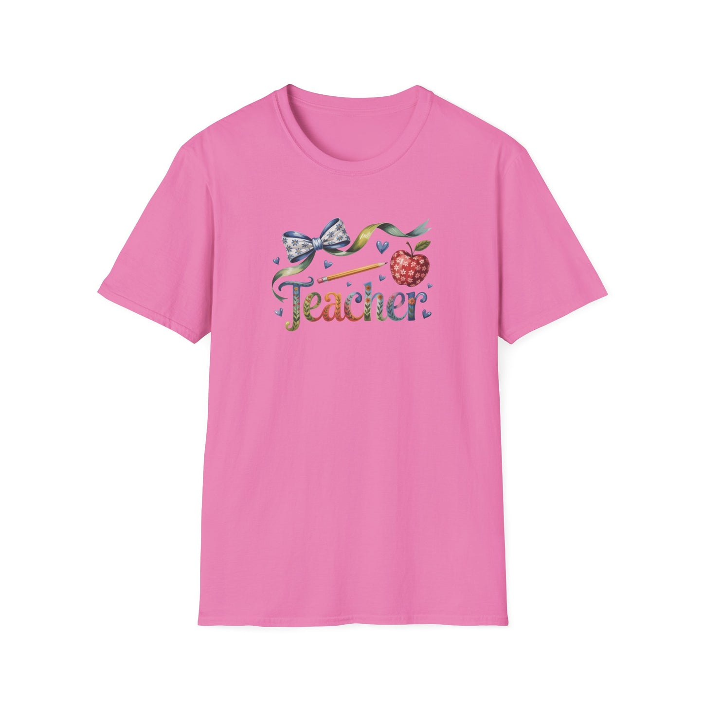 Teacher Floral Bow T-Shirt — Cute Apple & Script Teacher Shirt for Educators