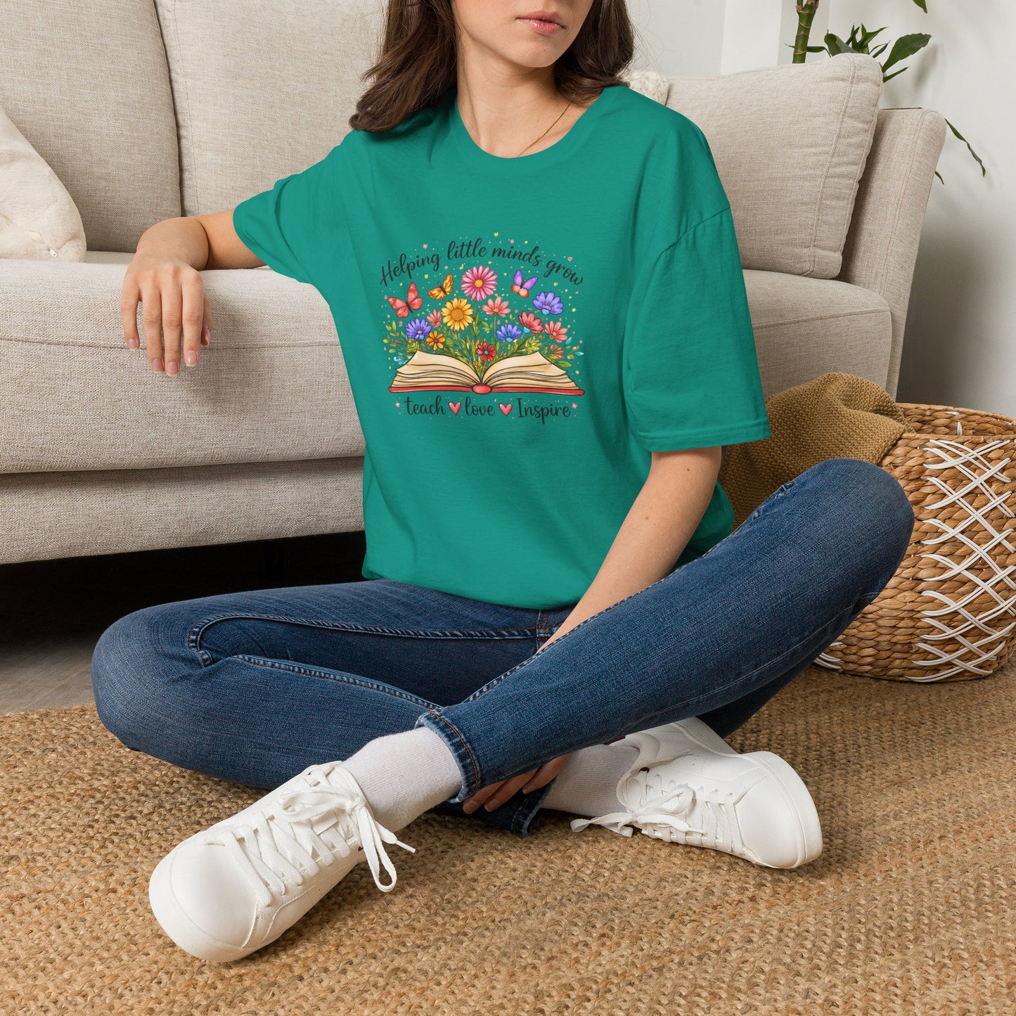 Helping Little Minds Grow Teacher Shirt | Teach Love Inspire Floral Book Tee