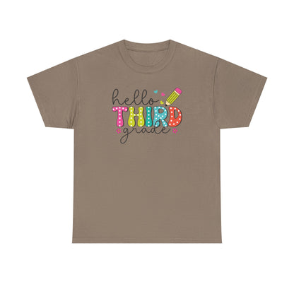 Hello Third Grade T-Shirt - Cute Back-to-School Tee with Colorful Pencil Design - Teacher Team Tee