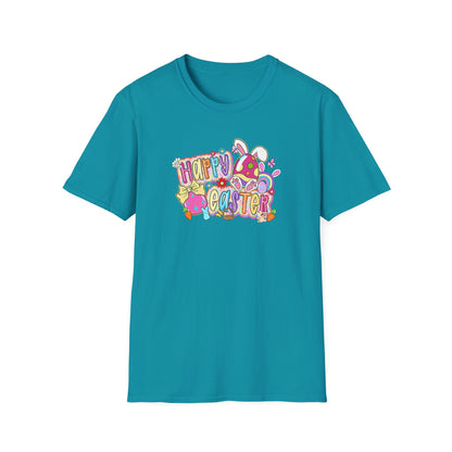 Happy Easter Graphic T-Shirt — Colorful Bunny & Eggs Spring Tee