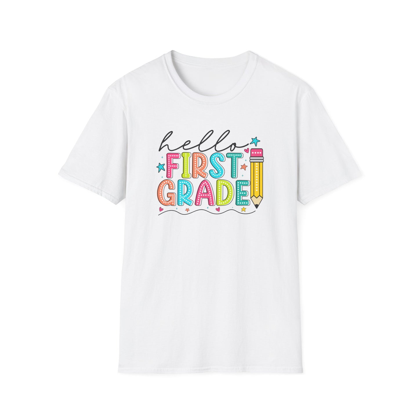 Hello First Grade Pencil T-Shirt — Colorful Back-to-School Cute School Spirit Tee