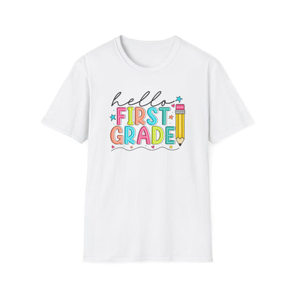 Hello First Grade Pencil T-Shirt — Colorful Back-to-School Cute School Spirit Tee