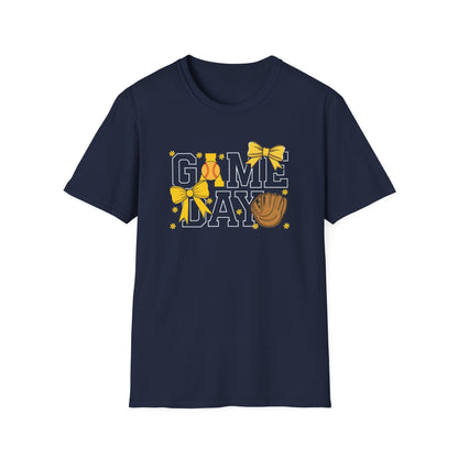 Game Day Softball Bow Shirt – Cute Baseball Mom Tee, Yellow Bow Sports Graphic T-Shirt, Women’s Game Day Outfit, Softball Fan Apparel