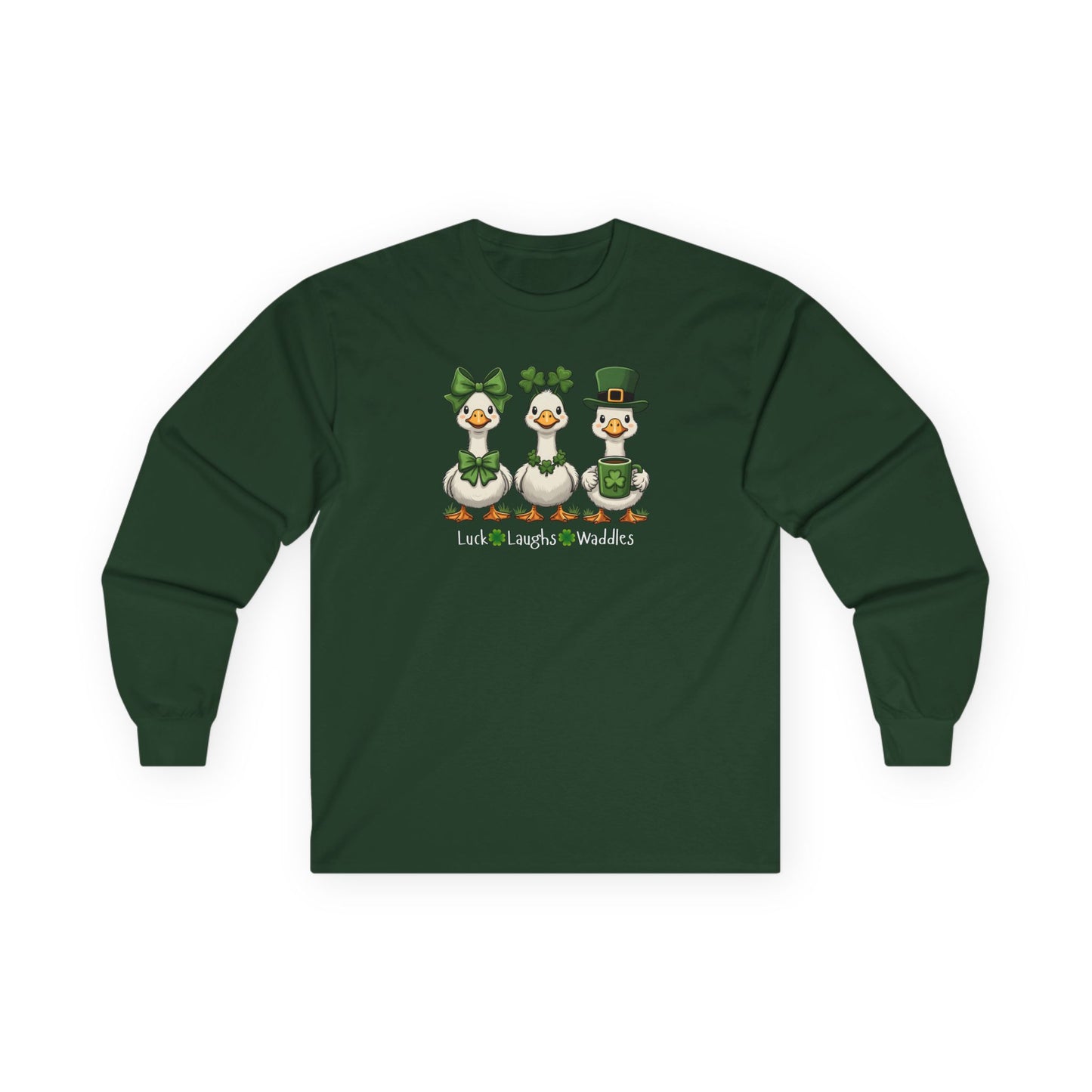 St. Patrick's Day Duck Trio Long Sleeve Tee — "Luck Laughs & Waddles"