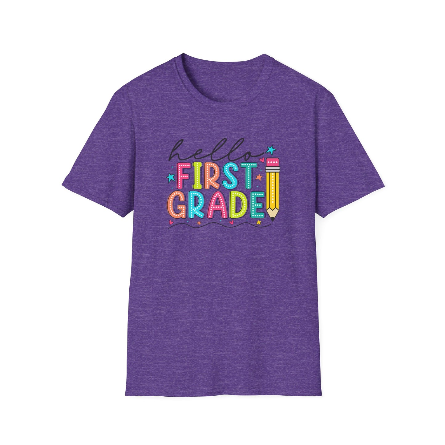 Hello First Grade Pencil T-Shirt — Colorful Back-to-School Cute School Spirit Tee