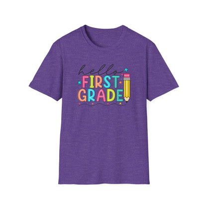 Hello First Grade Pencil T-Shirt — Colorful Back-to-School Cute School Spirit Tee