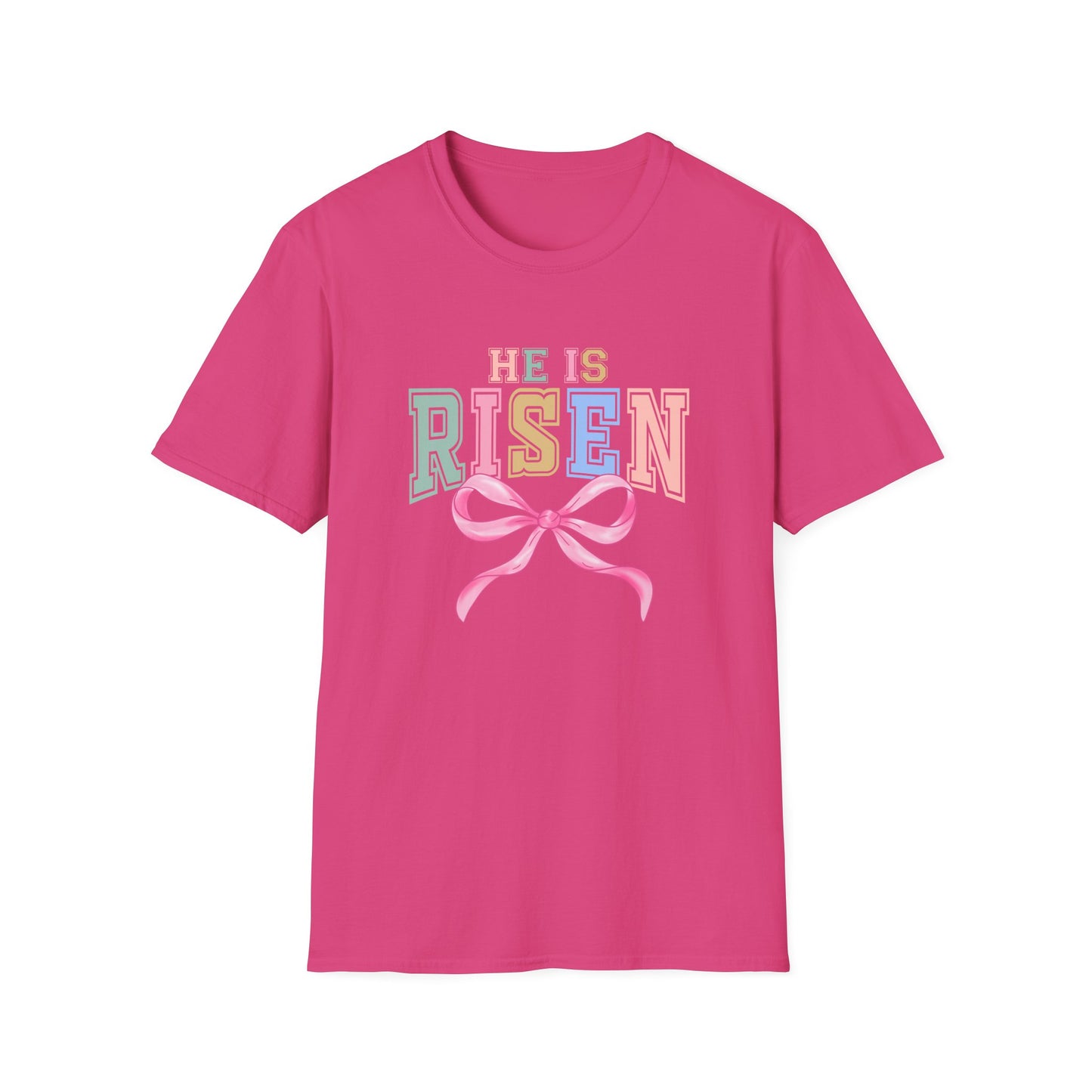 He Is Risen Easter Shirt, Christian Easter Bow Tee, Faith Based Easter Shirt Women, Religious Easter Outfit, Coquette Pastel Christian Graphic T-Shirt