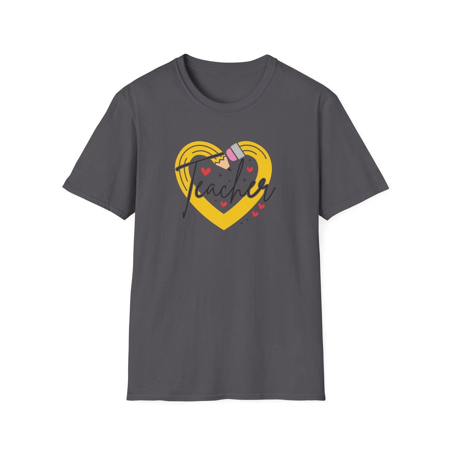 Teacher Heart Graphic T‑Shirt — Cute Yellow Heart, Pencil & 'Teacher' Script