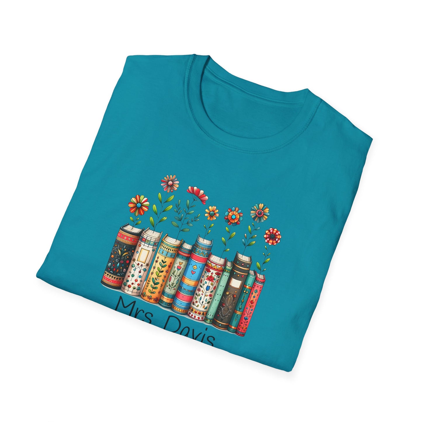 Personalized Floral Book Shirt – Custom Name Book Lover T-Shirt – Teacher & Librarian Gift – Book Stack with Flowers Tee