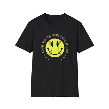 Loud Mouth Softball Mama Shirt – Retro Smiley Softball Graphic Tee, Funny Softball Mom Shirt, Vintage Game Day Apparel