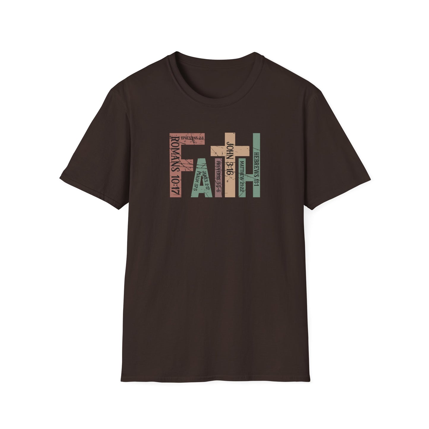 Faith Graphic T-Shirt — "Faith" with Cross & Bible Verse (Romans 10:17 / John 3:16)
