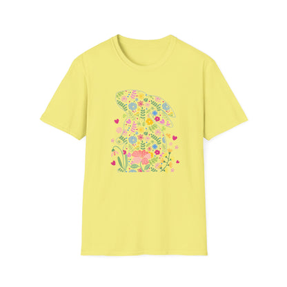 Floral Easter Bunny T-Shirt – Cute Spring Flower Bunny Graphic Tee, Pastel Botanical Easter Shirt, Colorful Rabbit Silhouette Tee for Women