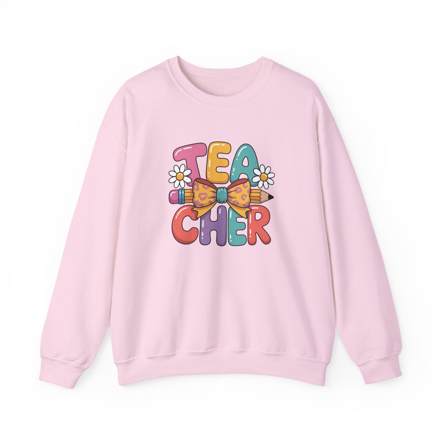 Teacher Crewneck Sweatshirt — Colorful Retro 'Teacher' Bow & Daisies Design