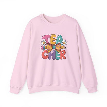 Teacher Crewneck Sweatshirt — Colorful Retro 'Teacher' Bow & Daisies Design