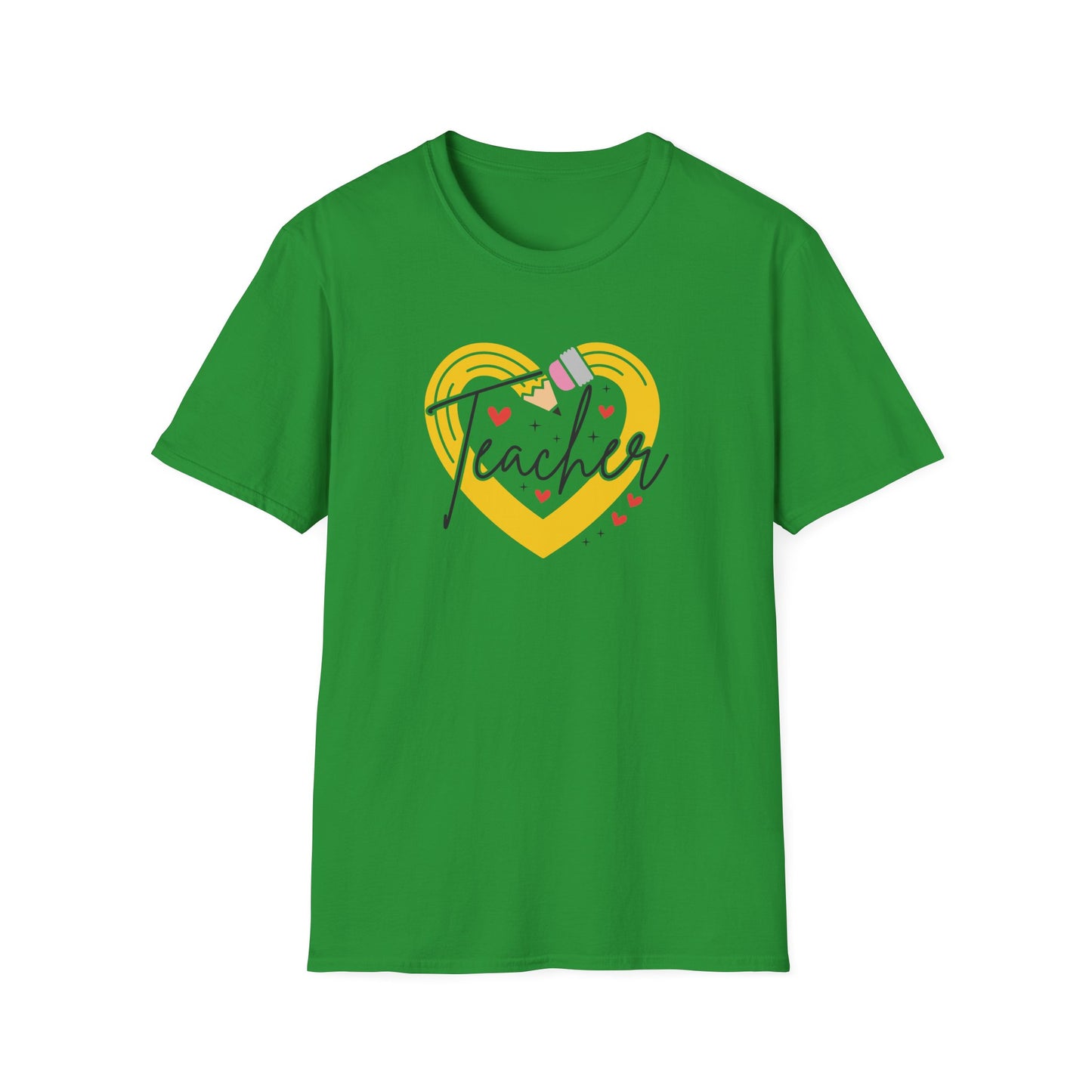 Teacher Heart Graphic T‑Shirt — Cute Yellow Heart, Pencil & 'Teacher' Script