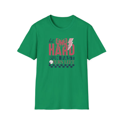 Hit Hard Run Fast Turn Left Baseball Shirt – Cute Softball Bow Tee | Game Day Shirt for Women | Sports Mom Graphic T-Shirt