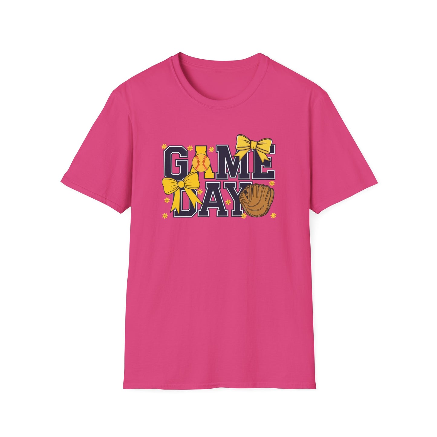 Game Day Softball Bow Shirt – Cute Baseball Mom Tee, Yellow Bow Sports Graphic T-Shirt, Women’s Game Day Outfit, Softball Fan Apparel