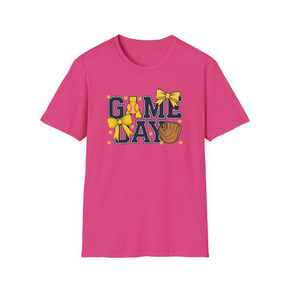 Game Day Softball Bow Shirt – Cute Baseball Mom Tee, Yellow Bow Sports Graphic T-Shirt, Women’s Game Day Outfit, Softball Fan Apparel