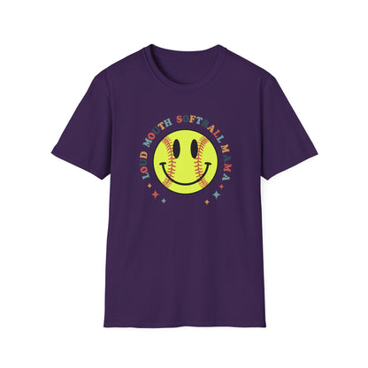 Loud Mouth Softball Mama Shirt – Retro Smiley Softball Graphic Tee, Funny Softball Mom Shirt, Vintage Game Day Apparel